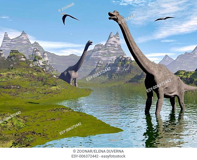 Brachiosaurus dinosaurs in water - 3D render