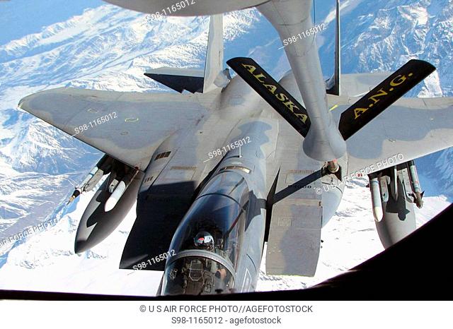 An F-22 Raptor from the 3rd Wing at Elmendorf Air Force Base, Alaska, receives fuel from a KC-135 Stratotanker May 8 during Northern Edge 2008  The exercise