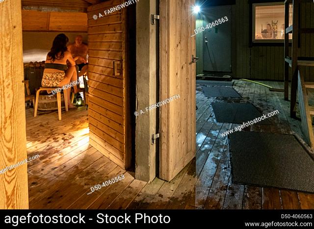 Copenhagen, Denmark People sitting in a wooden sauna