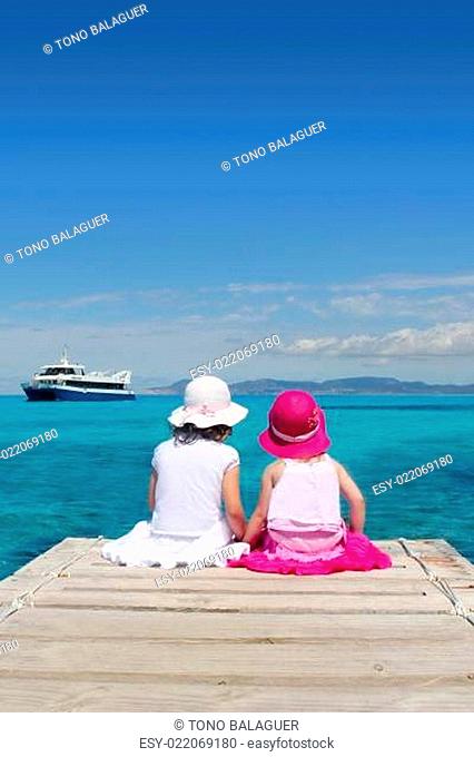 happy girl tourist turquoise sea back in Formentera