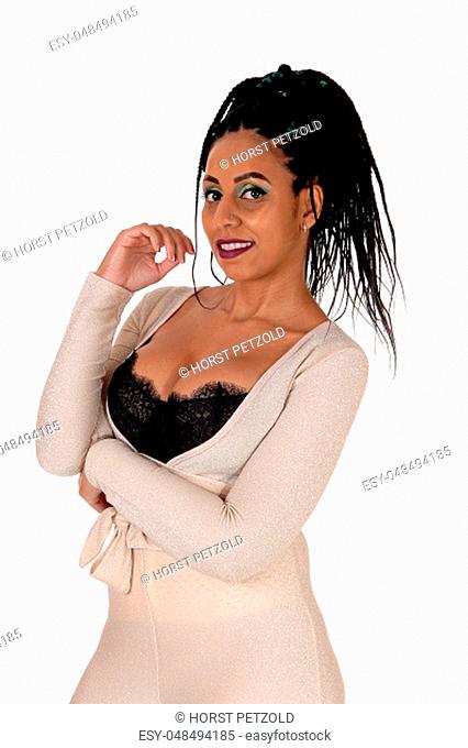 The portrait of a woman with her nice braided black long hair .standing waist up, isolated for white background