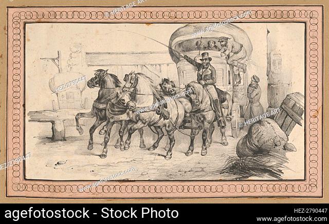 Five horses pulling a carriage with passengers, mid-19th century. Creator: Victor Adam