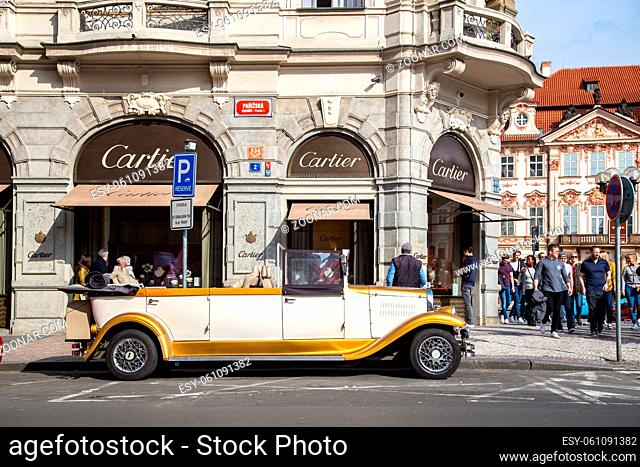 Prague, Czech Republic - March 17, 2017: Vintage car parked in the historic city centre
