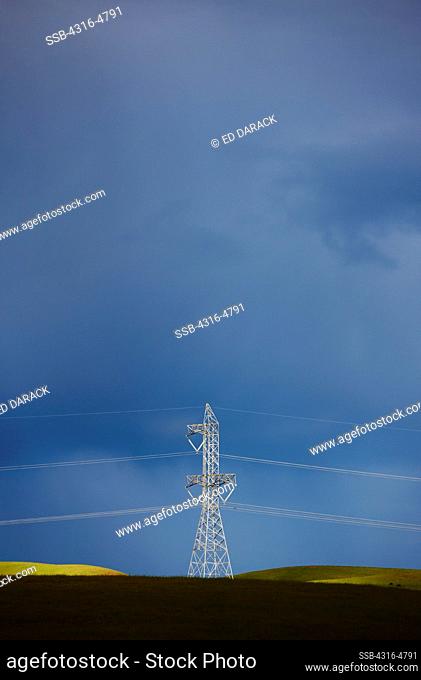High voltage power lines and power line tower, California