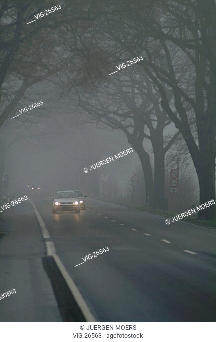 Road traffic in the autumn: Cars are driving with lights on a country road in the fog. - GERMANY, 02/12/2002