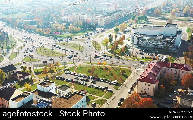 Grodno, Belarus. Aerial Bird's-eye View Of Hrodna Cityscape Skyline. Traffic In Sunny Autumn Day