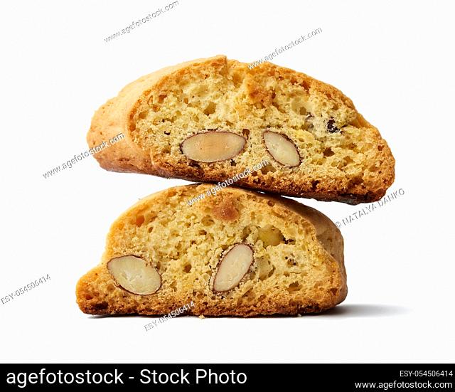baked piece Italian almond biscotti, cantuccini cookies, traditional italian Christmas, New Year dry cookies. baking isolated on white background