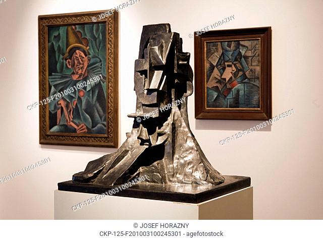 Cubist sculpture by Otto Gutfreund and paintings by Bohumil Kubista in the museum of Cubism in cubist building 'House of the Black Madonna' by Josef Gocar in...
