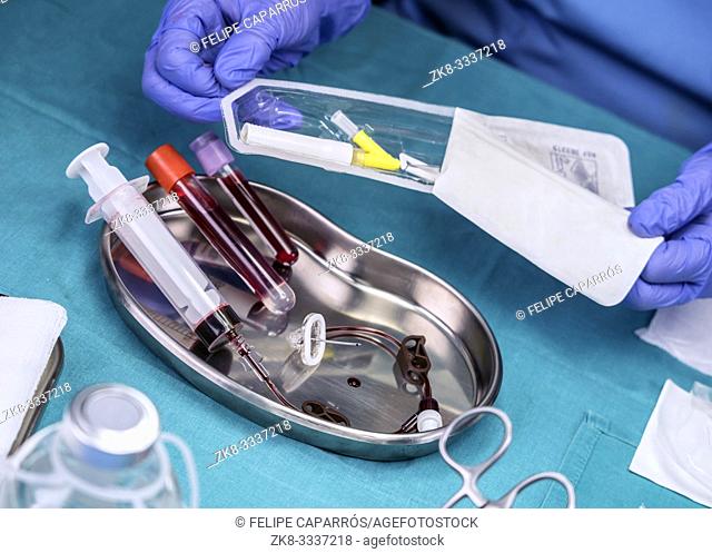 Nurse prepares Venous catheters of Long Duration in a hospital, Accessing Indwelling Central Venous Lines, conceptual image