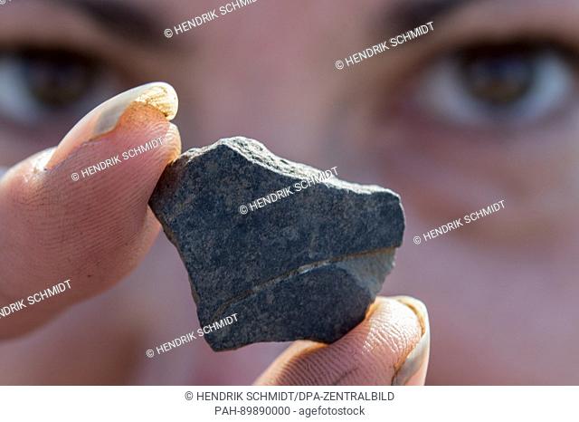 Rebecca Wachsmuth shows a shard from the linear pottery culture, 7500 to 7000 years ago, can be seen at a field near Bilzingsleben, Germany, 31 March 2017