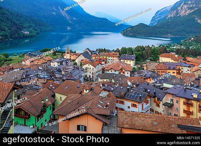 Italy, Trentino Alto Adige, province of Trento, Molveno. Elevated view of the lake and the village of Molveno