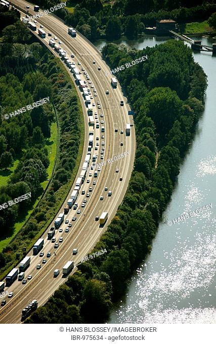 Aerial photograph, congestion on the motorway A1, Hensteysee, Hagen Boele, Ruhr Area, North Rhine-Westphalia, Germany, Europe