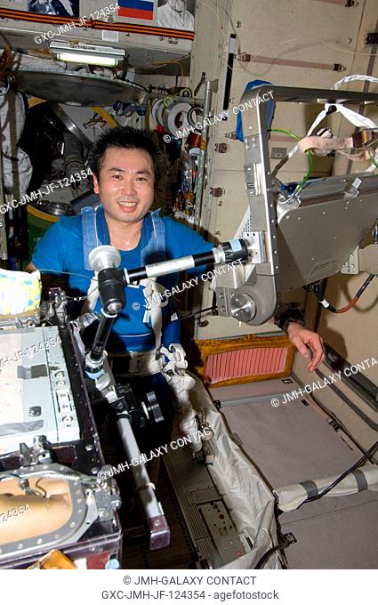 Japan Aerospace Exploration Agency (JAXA) astronaut Koichi Wakata, Expedition 20 flight engineer, equipped with a bungee harness