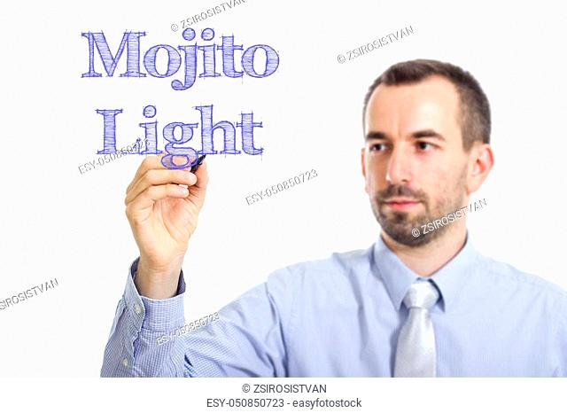 Mojito Light - Young businessman writing blue text on transparent surface - horizontal image