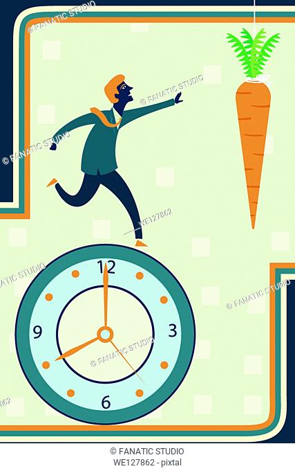 Illustrative image of businessman running on clock reaching carrot representing desire for incentives