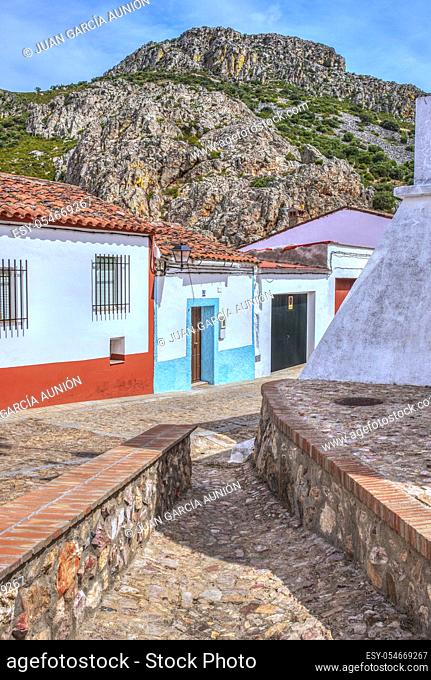 Whitewashed houses of Hornachos with Sierra Grande mountain at bottom, Spain. Rural and history tourism in Extremadura
