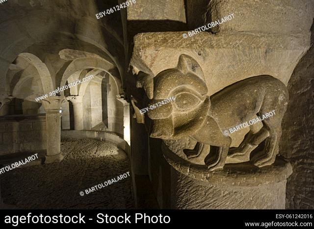 protective lions at the entrance, crypt, Romanesque church of San Martín de Tours, consecrated in 1156, San Martin de Unx, Navarra, Spain