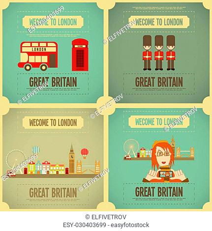 London. English Poster Set with British theme. Vector Illustration