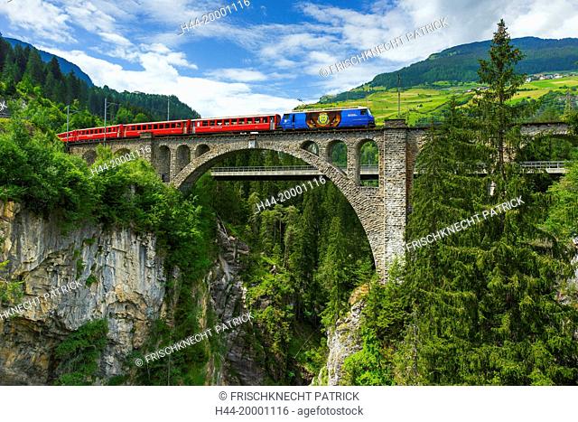 Train on bridge in Solis, Grisons, Switzerland