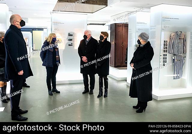 26 January 2022, Brandenburg, Oranienburg: Federal President Frank-Walter Steinmeier and his wife Elke Büdenbender visit the Sachsenhausen Memorial and Museum...