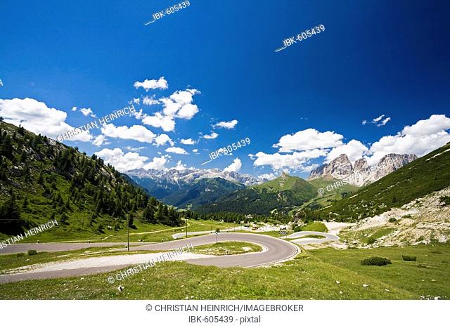 Sella group at Pordoi pass, Dolomite Alps, Dolomites, South Tyrol, Italy, Europe