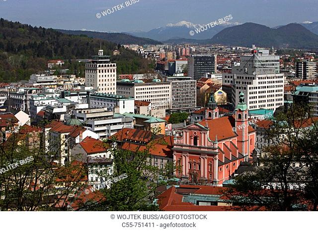 Ljubljana, City Center, from Ljubljana Castle, Franciscan Church of the Annunciation, Julian Alps, Slovenia