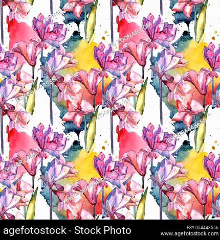 Pink amaryllis. Seamless background pattern. Fabric wallpaper print texture. Aquarelle wildflower for background, texture, wrapper pattern, frame or border