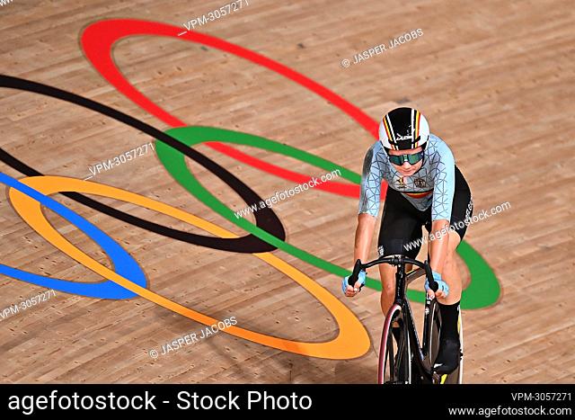 Belgian cyclist Lotte Kopecky pictured in action during the final race of the women team Madison track cycling event on day 15 of the 'Tokyo 2020 Olympic Games'...