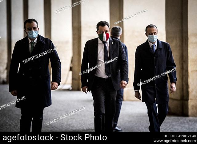 Matteo Salvini (C) with the Center-Right parties delegation arrive at the Quirinale palace for the consultations with the Republic president , Rome