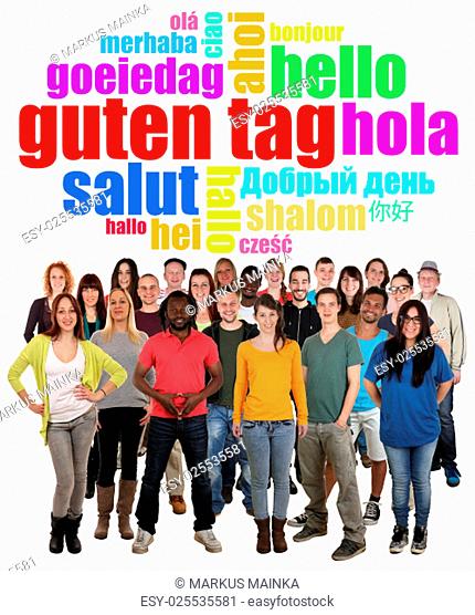 multicultural great people group of young people say hello or good day in different languages