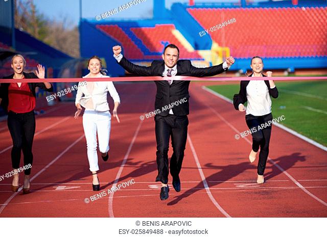 business people running together on athletics racing track
