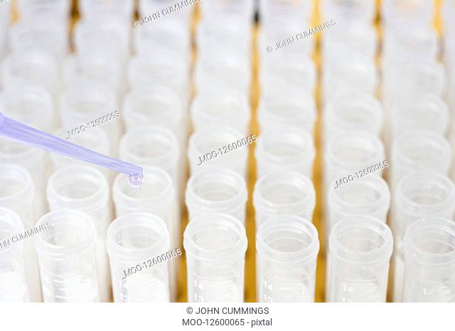 Pipette pouring liquid into test tubes