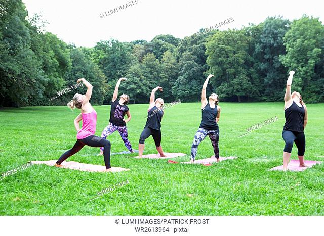 Group of young women practicing yoga in park