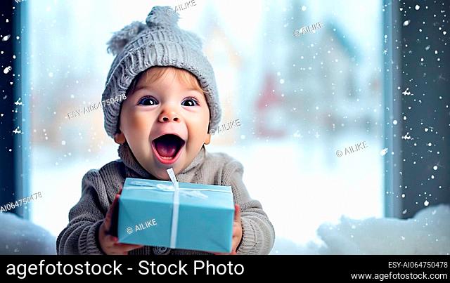 Happy baby boy with Christmas gift box