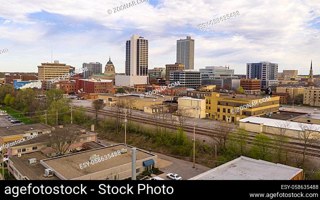 Train tracks flank the buildings of the urban core in Fort Wayne Indiana