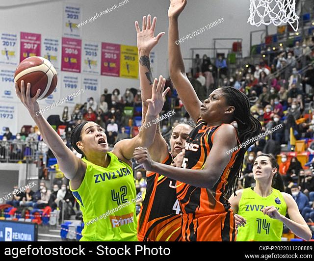 From left Brionna Jones of USK and Brittney Griner, Jonquel Jones, both of Ekaterinburg in action during the Basketball EuroLeague Women