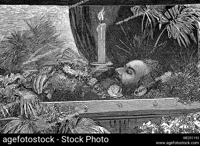 Hans Makart in his deathbed. Austrian painter, draughtsman, designer and decorator. 1840-1884. Antique illustration. 1884