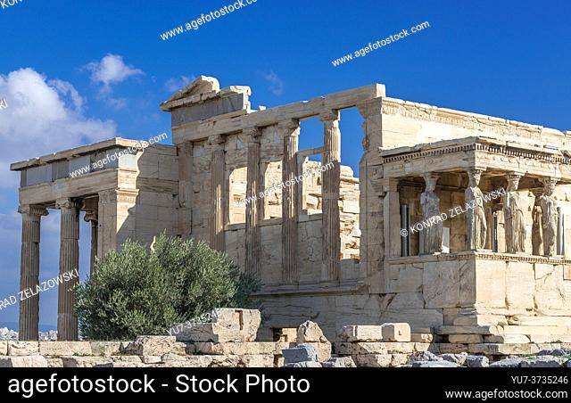 Ruins of Erechtheion ancient Greek temple dedicated to Athena and Poseidon, on the north side of Acropolis of Athens city, Greece