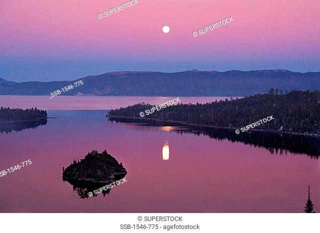 Reflection of full moon in Emerald Bay, Lake Tahoe, California, USA