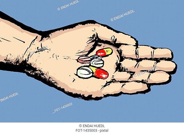 Illustrative image of hand holding pills against purple background