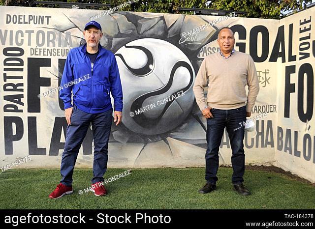 PUEBLA, MEXICO – DECEMBER 19: Ex football player Omar Chacon and Bernardo Martinez pose for photos during the press conference Emma en Los Olivos at  Los Olivos...