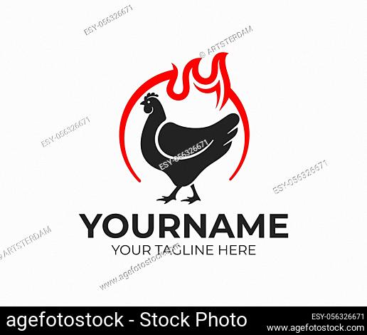 Chicken in circle and flame of fire, logo design. Food, meal and eating, eatery and restaurant, vector design and illustration