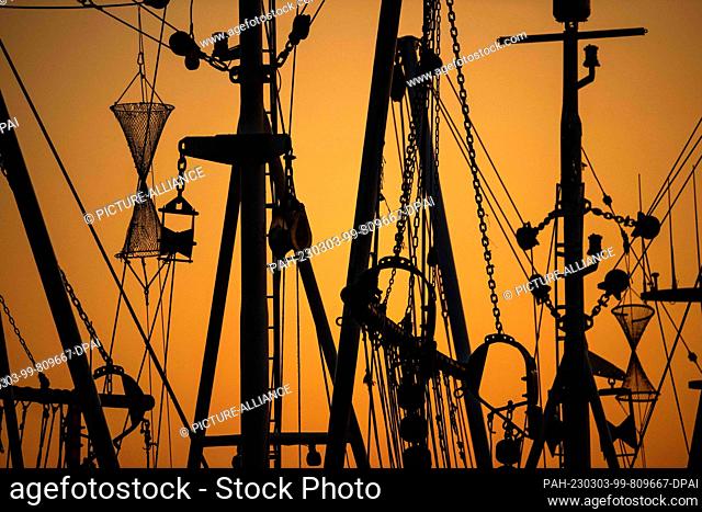 PRODUCTION - 14 February 2023, Lower Saxony, Greetsiel: Crab cutters moored in the harbor at sunset. The focus of the Fisheries Day 2023 of the Association of...