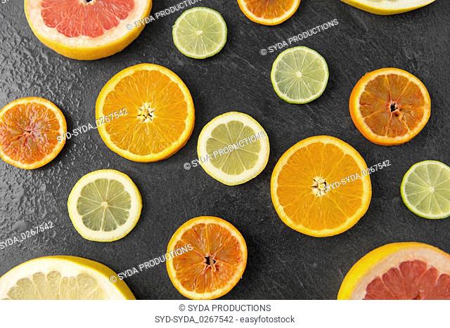 close up of different citrus fruit slices