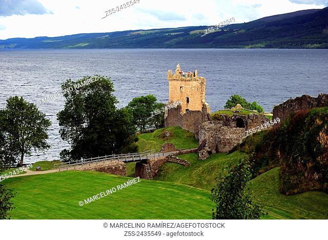 Urquhart Castle sits beside Loch Ness in the Highlands of Scotland. UK