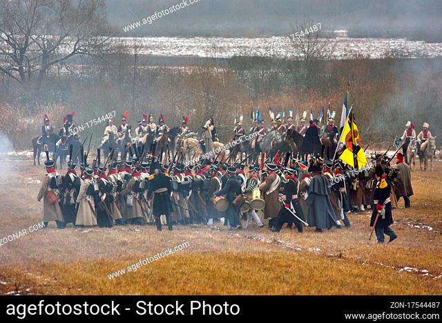 Borisov, Belarus - November 25, 2018: Historic reconstruction The Battle of Berezina in napoleonic war between Russian and French armies in 1812