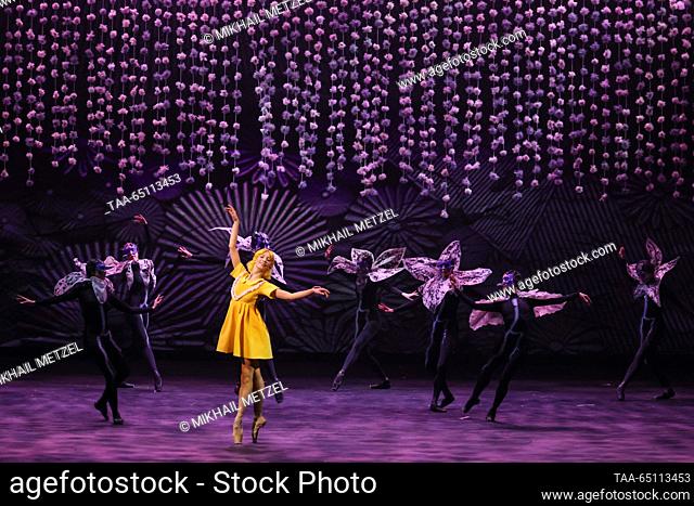 RUSSIA, MOSCOW - NOVEMBER 23, 2023: Ballerina Yelena Solomyanko as Gerda performs during a dress rehearsal of the Snow Queen ballet at the Stanislavsky and...