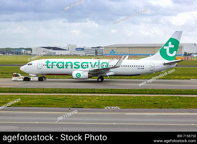 A Transavia Boeing 737-800 aircraft with the registration PH-HSB at the airport in Amsterdam, the Netherlands