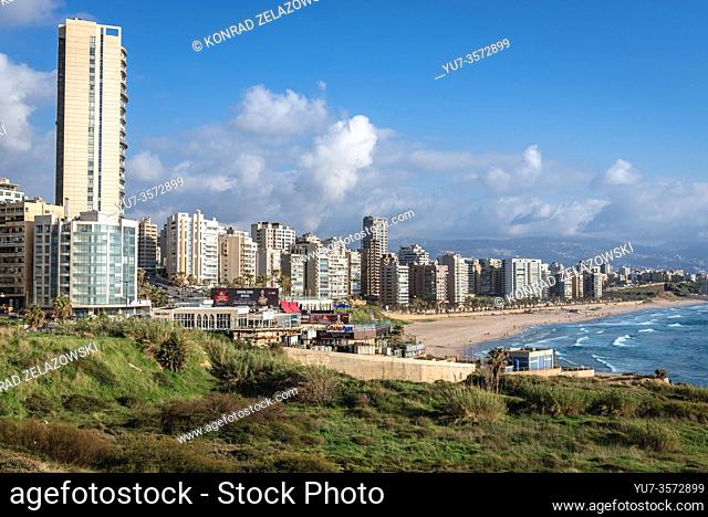 Aerial view with Ramlet al Baida public beach situated along the southern end of the Corniche Beirut promenade in Beirut, Lebanon