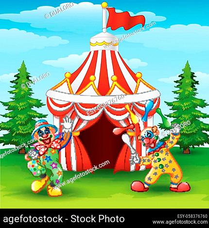 Vector illustration of Cartoon happy clown on the circus tent background
